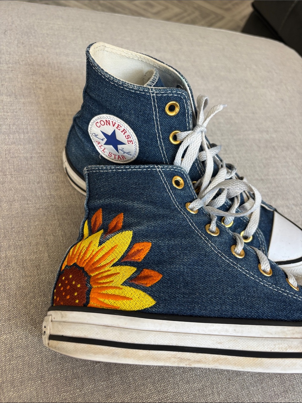 Converse Chuck Taylor Custom Hi Floral Embroidery Sunflower Sneakers in Denim 8 - Picture 2 of 10